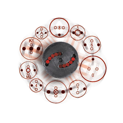 Draufsicht auf ein graues Gerät mit roter Kennzeichnung und Zahlenkreisen.